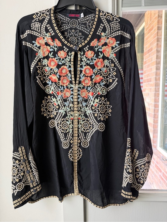 Johnny Was Tops - Johnny Was Black Blouse with Coral Floral Embroidery